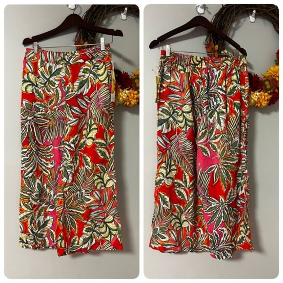 C & C California Womens Resort Palm Leaves Linen Cropped Pants MEDIUM Red - Picture 1 of 8